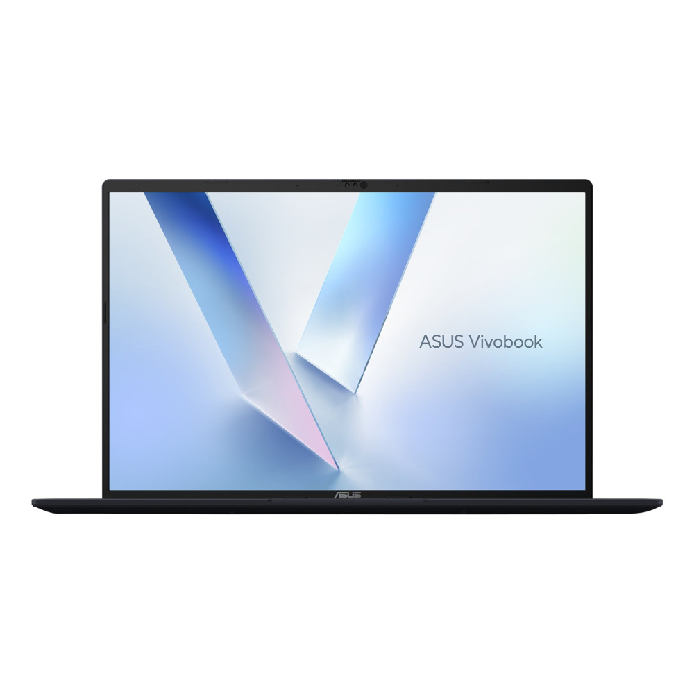 Laptop ASUS Vivobook z czarn ą ramką wyświetla na ekranie jasnoniebieską, abstrakcyjną tapetę.