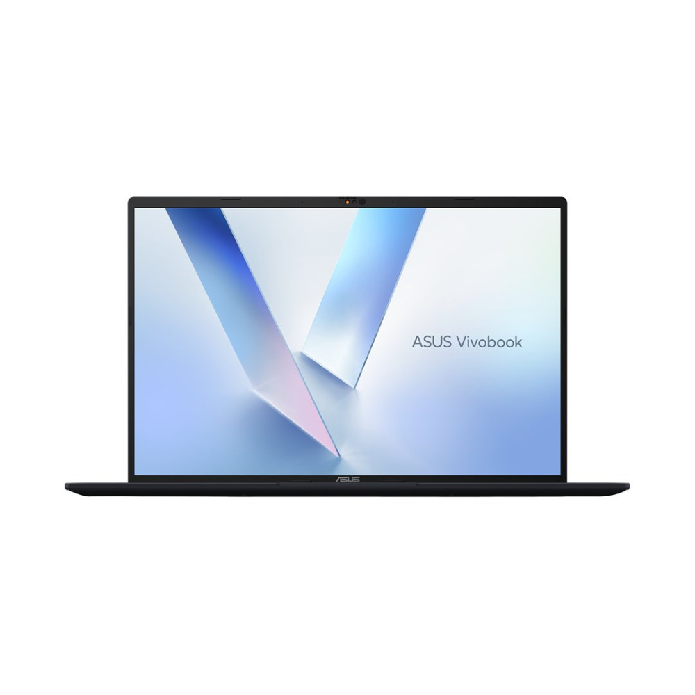 Czarny laptop ASUS Vivobook z niebieskim ekranem i abstrakcyjnym tłem.