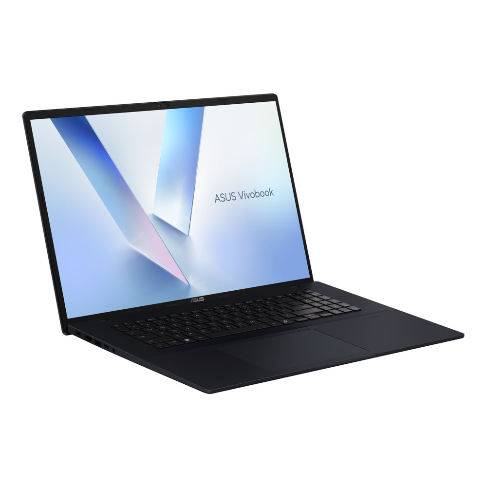 Czarny laptop ASUS Vivobook stoi otwarty na białej powierzchni, wyświetlając niebieskie tło.