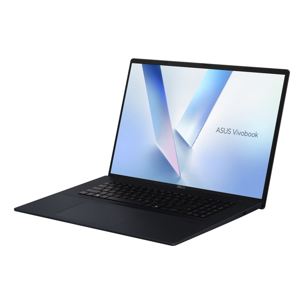 Czarny laptop ASUS Vivobook z abstrakcyjną niebieską grafiką na ekranie.