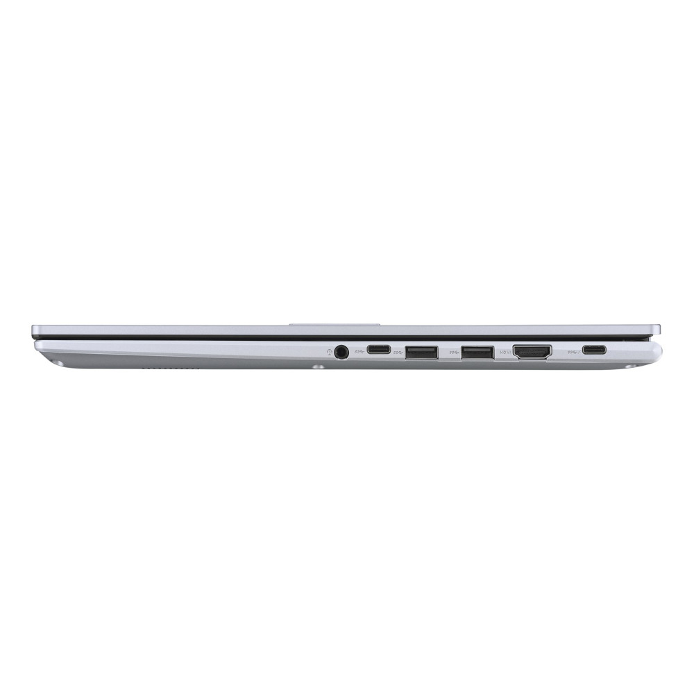 Widok z boku srebrnego laptopa przedstawiający różne porty, w tym USB i HDMI.