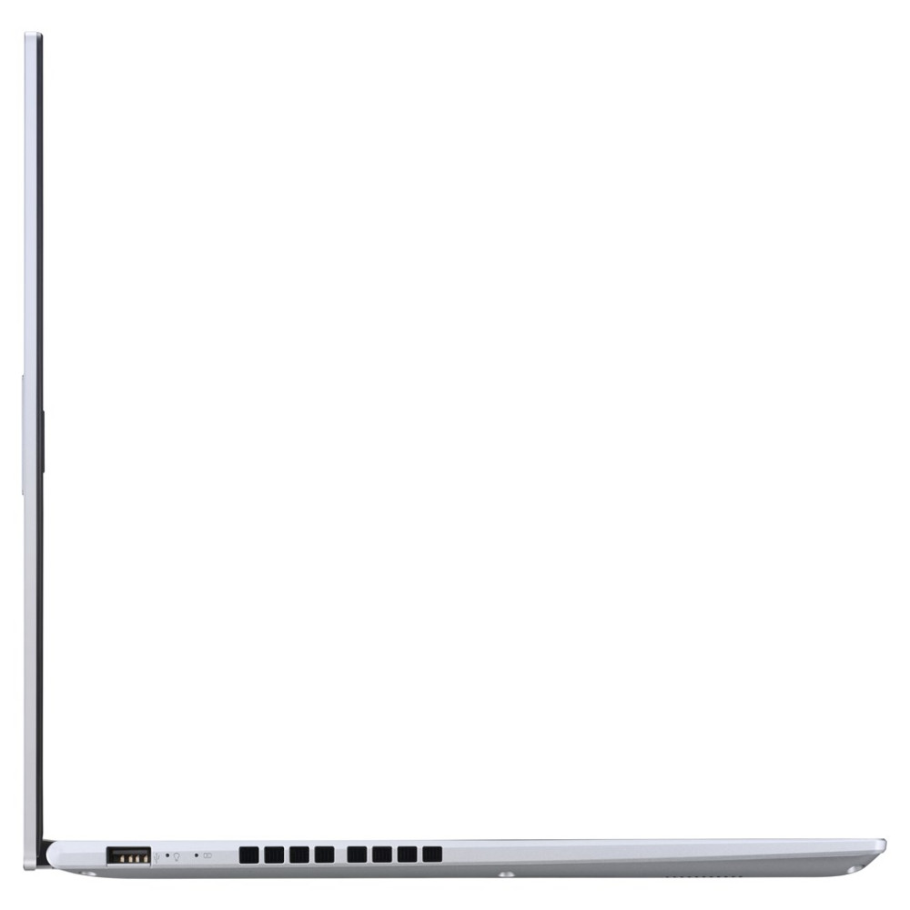 Widok z boku cienkiego, srebrnego laptopa z widocznymi portami i szczelinami wentylacyjnymi.