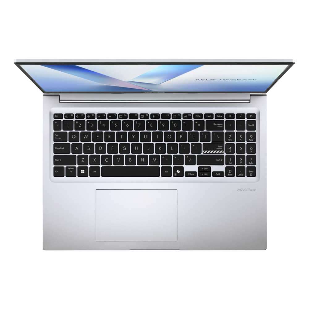 Widok z góry na srebrny laptop z czarną klawiaturą QWERTY i otwartym ekranem przedstawiającym abstrakcyjny wzór.