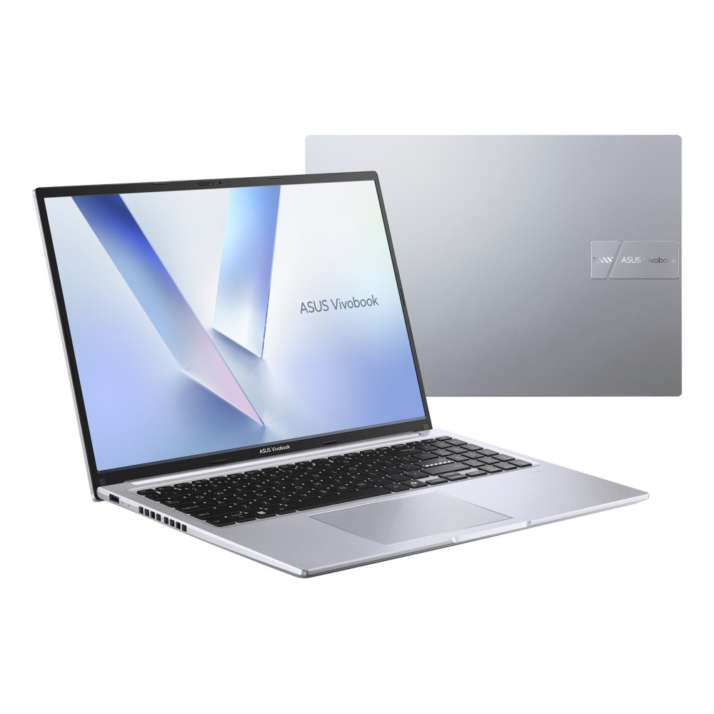 Srebrny laptop ASUS Vivobook pokazany z przodu otwarty i w tle zam--kni--ty na bia--ym tle.