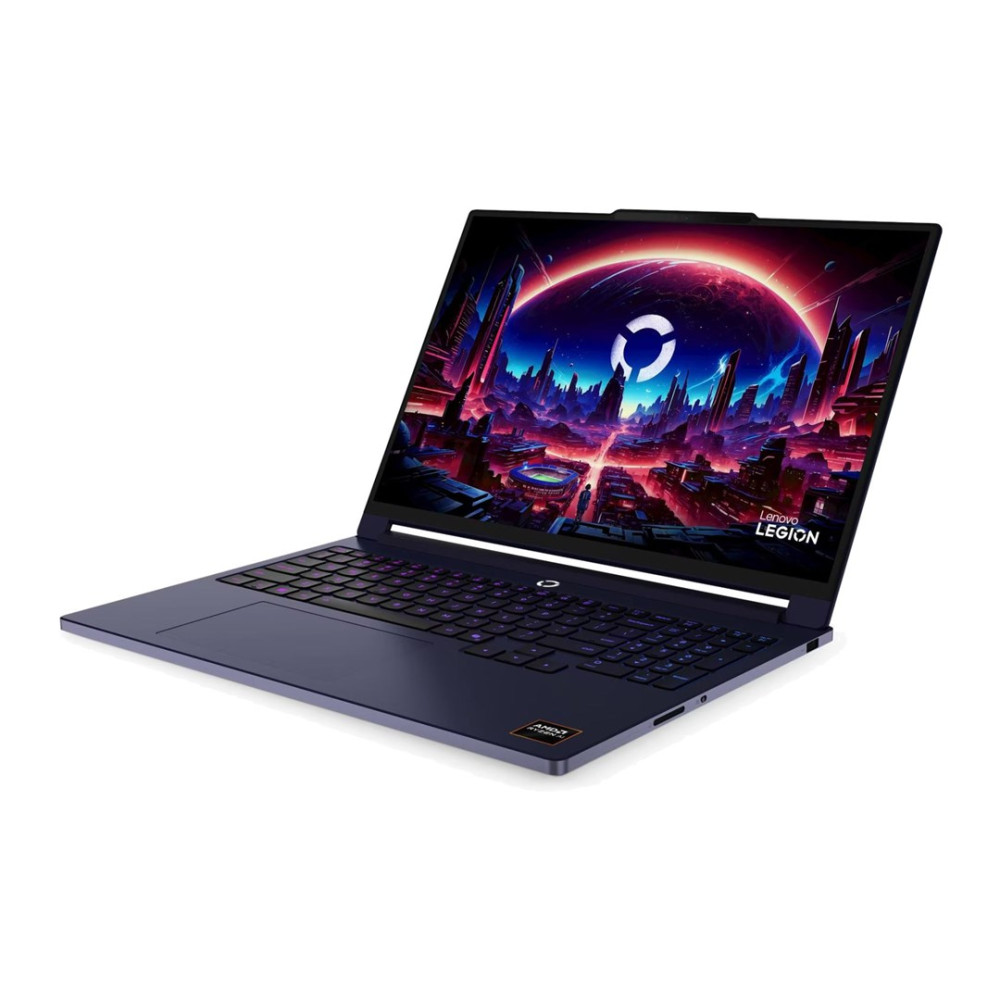 Ciemnoniebieski laptop Lenovo na białym tle, ekran przedstawia futurystyczne miasto neonowe pod czerwoną planetą.