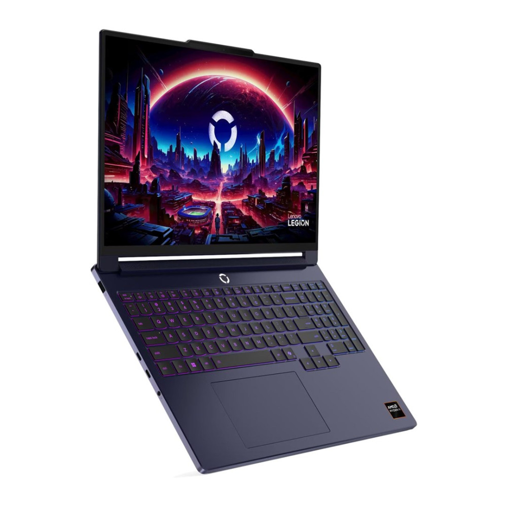 Laptop Lenovo Legion z futurystyczną tapetą miasta na ekranie i podświetlaną klawiaturą.
