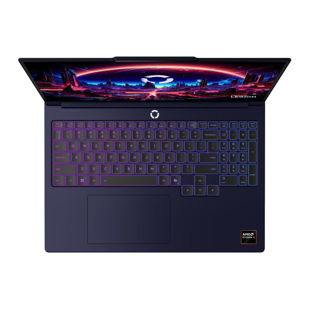 Laptop widziany z góry z podświetlaną klawiaturą i kolorową tapetą cyberpunkową na ekranie.