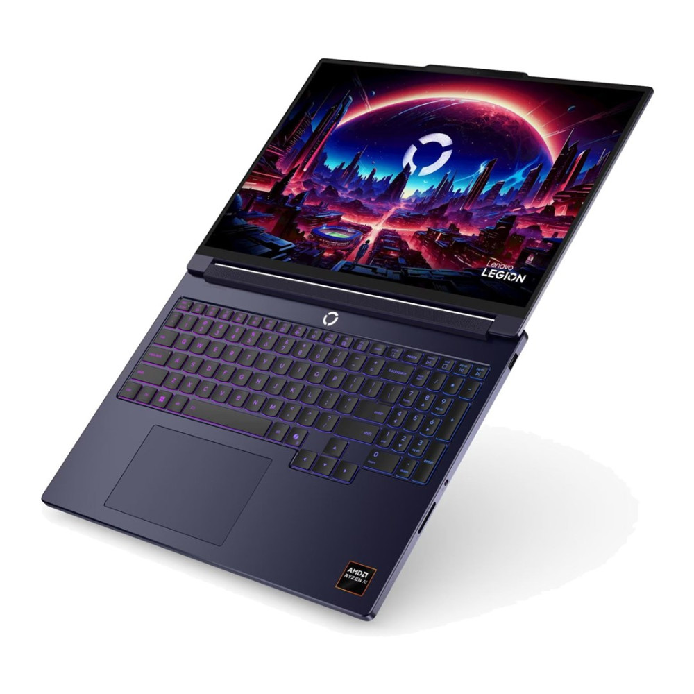 Ciemnoniebieski laptop Lenovo Legion z podświetlaną klawiaturą, wyświetlający kolorową, futurystyczną tapetę.