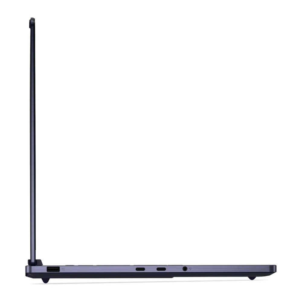 Profil lewej strony zamkniętego ciemnego laptopa na białym tle, pokazujący kilka portów.