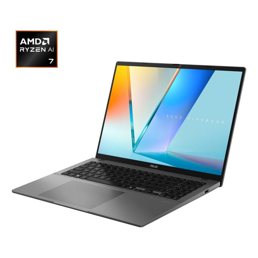 Otwarty szary laptop Asus Vivobook z logo AMD Ryzen AI 7 w lewym górnym rogu i kolorowym ekranem.