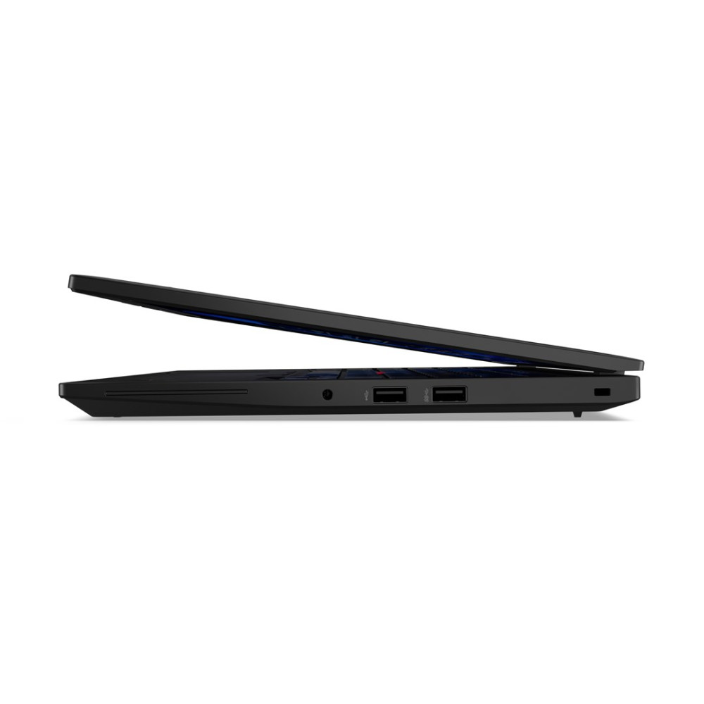 Widok z boku zamkniętego czarnego laptopa z widocznymi portami USB.
