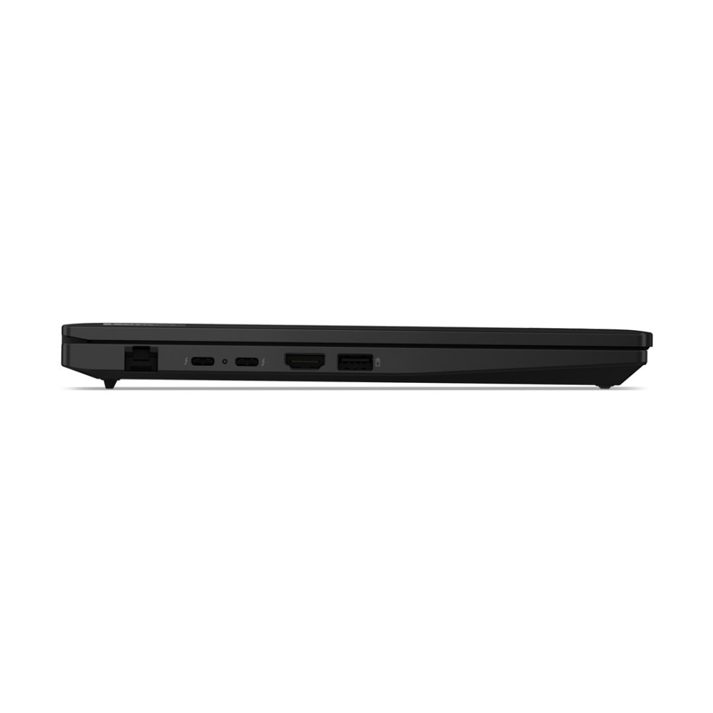 Lewa strona czarnego laptopa pokazująca różne porty, w tym USB-C, HDMI i Ethernet.