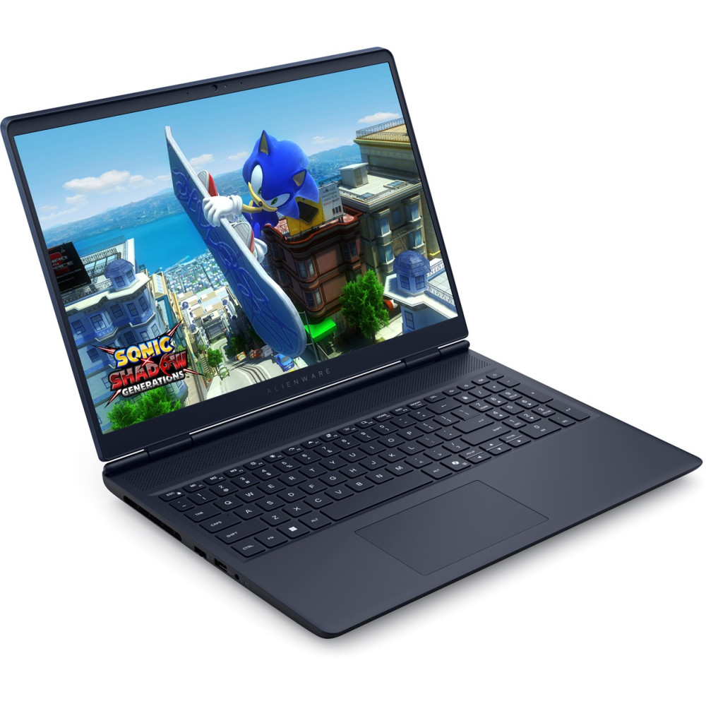 Ciemnoniebieski laptop z grą Sonic x Shadow Generations na ekranie, otwarty na białym tle.
