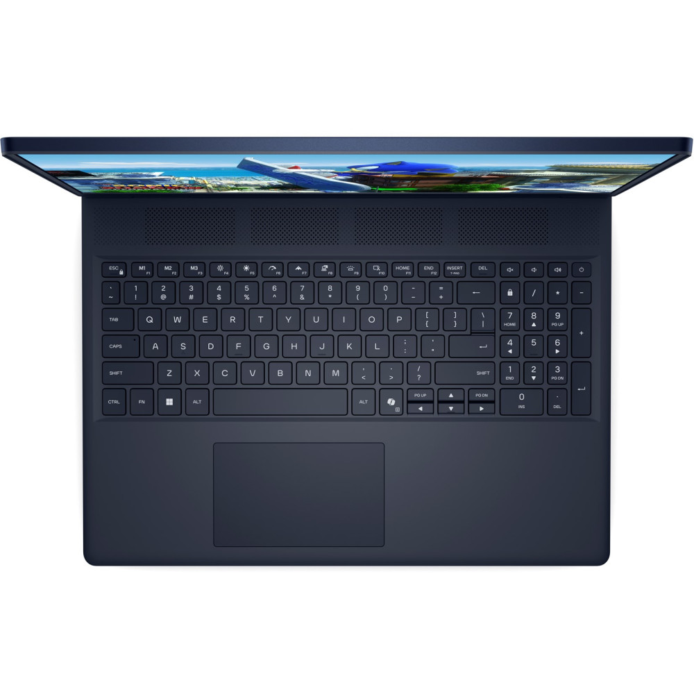 Widok z góry na niebieski laptop z klawiaturą, touchpadem i ekranem przedstawiającym słoneczny krajobraz.