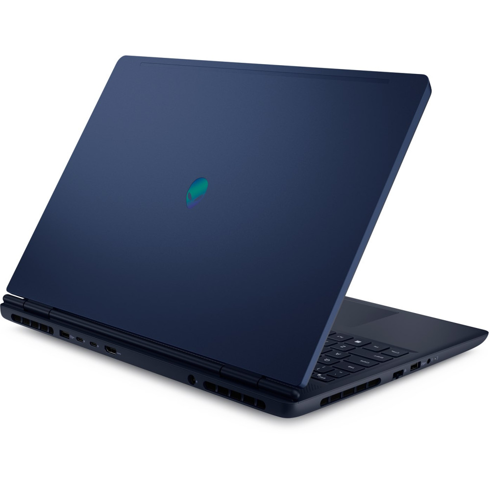 Zamknięty niebieski laptop z świecącym zielonym logo obcego na pokrywie na białym tle.