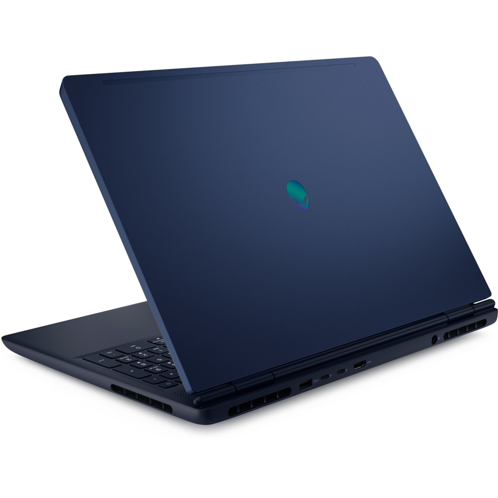 Ciemnoniebieski laptop Alienware widziany od tyłu, z świecącym zielonym logo i portami z tyłu.
