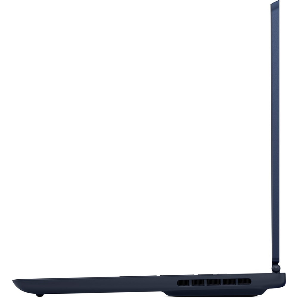 Widok z boku ciemnego laptopa na białym tle, z widocznymi szczelinami wentylacyjnymi.
