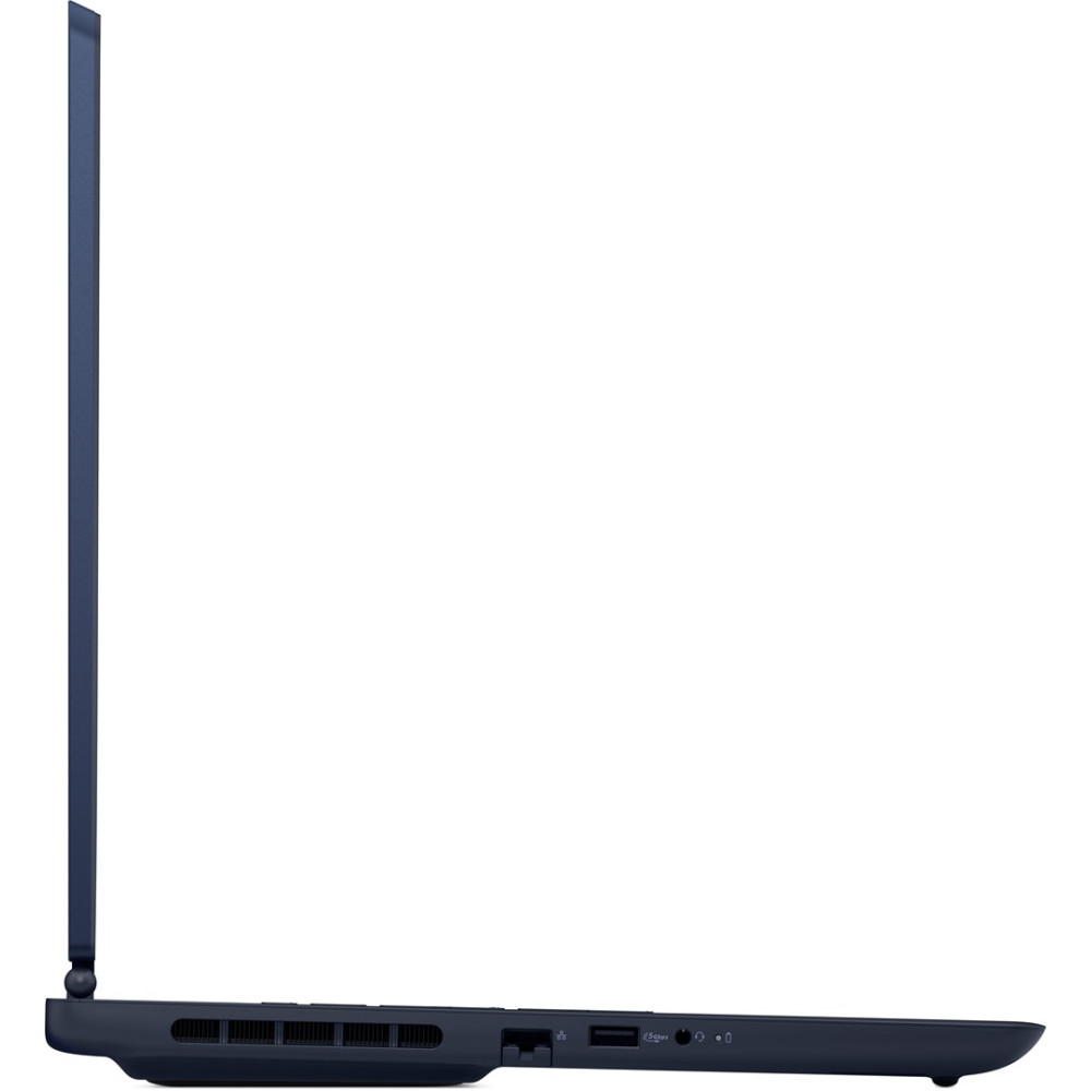 Widok z boku zamkniętego niebieskiego laptopa z portami i szczelinami wentylacyjnymi na białym tle.