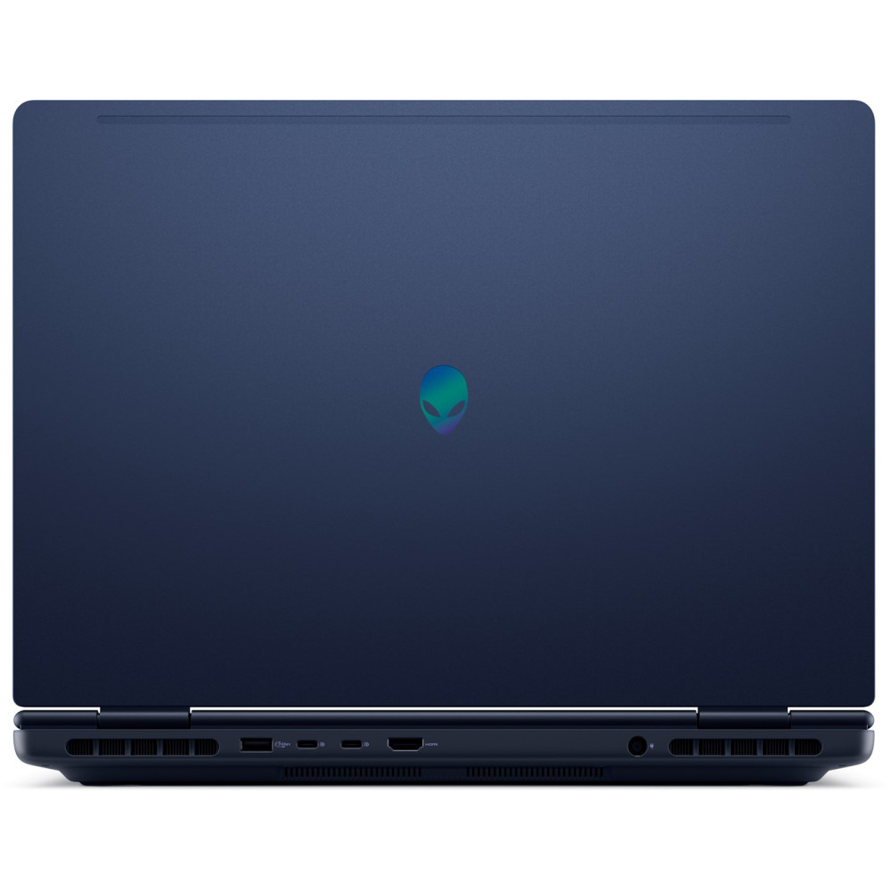Ciemnoniebieski laptop widziany od tyłu, z zielonym logo i portami.