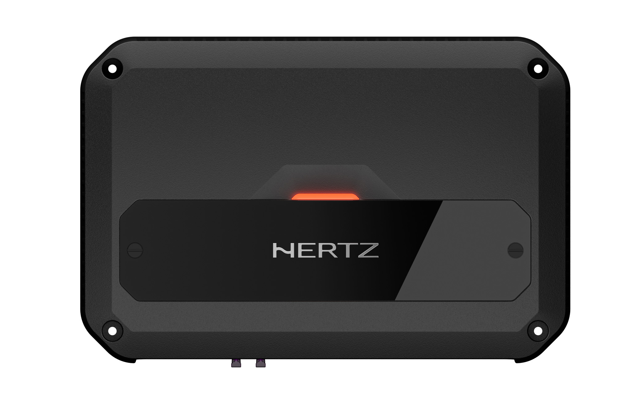 Ein schwarzer Hertz-Car-Audio-Verstärker mit abgerundeten Ecken, einer orange leuchtenden LED und Befestigungslöchern.