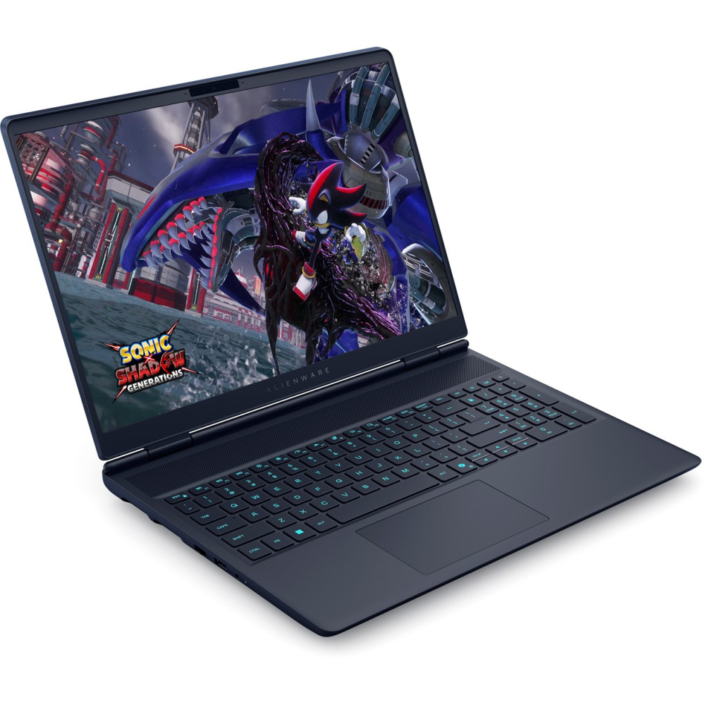 Niebieski laptop Alienware wyświetla na ekranie grę wideo Sonic X Shadow Generations.