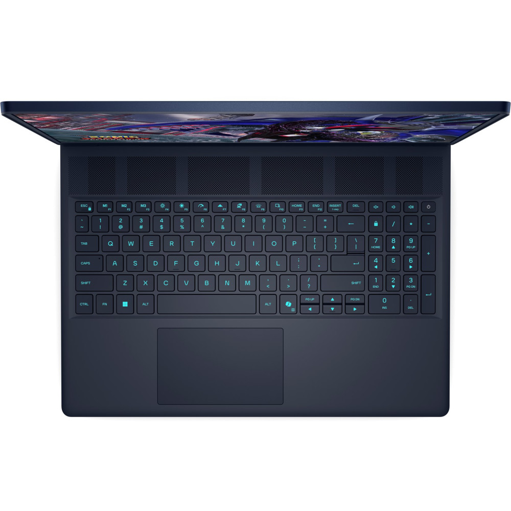 Widok z góry na ciemnoniebieski laptop z podświetlaną klawiaturą i panelem dotykowym.