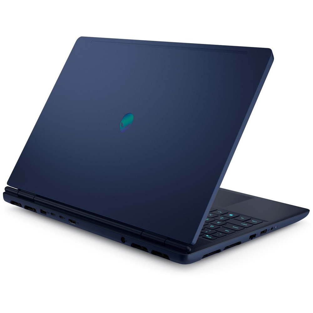 Zamknięty niebieski laptop ze świecącym logo Alienware na pokrywie, białe tło.