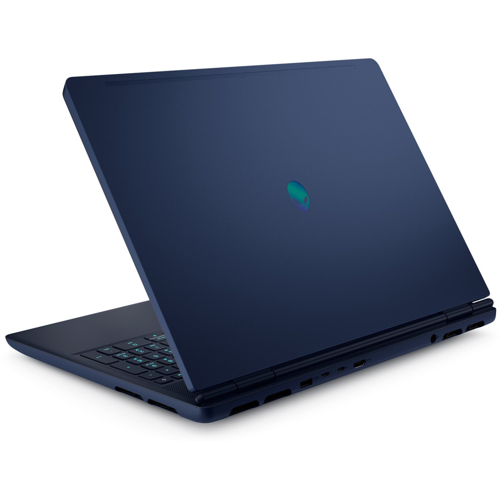 Ciemny laptop z podświetlaną klawiaturą i niebieskim logo Alienware na obudowie.