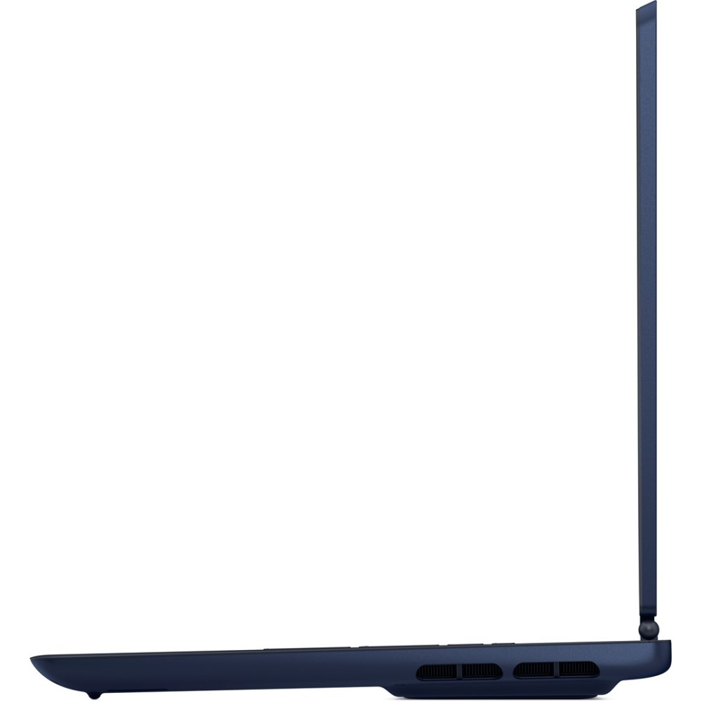 Widok z boku zamkniętego niebieskiego laptopa na białym tle.