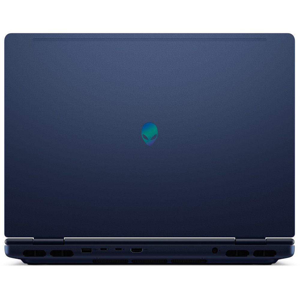 Ciemnoniebieski laptop widziany od tyłu, z podświetlanym logo i portami.