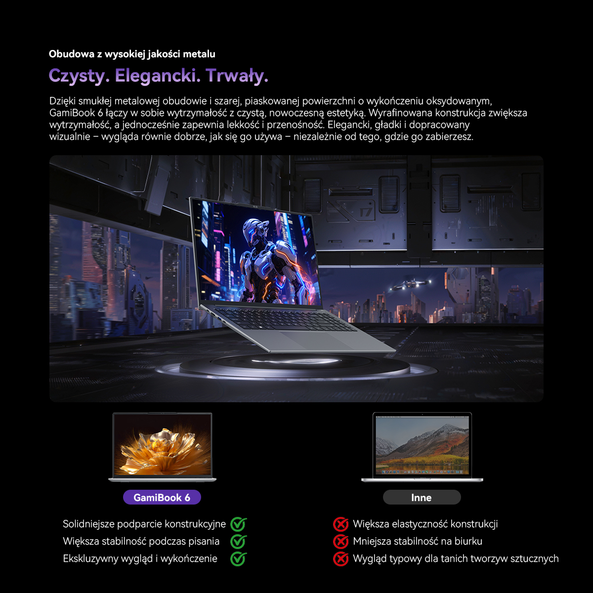 Metalowy laptop unosi się nad podświetlaną podstawą na tle scifi z tekstem i dwoma mniejszymi laptopami.
