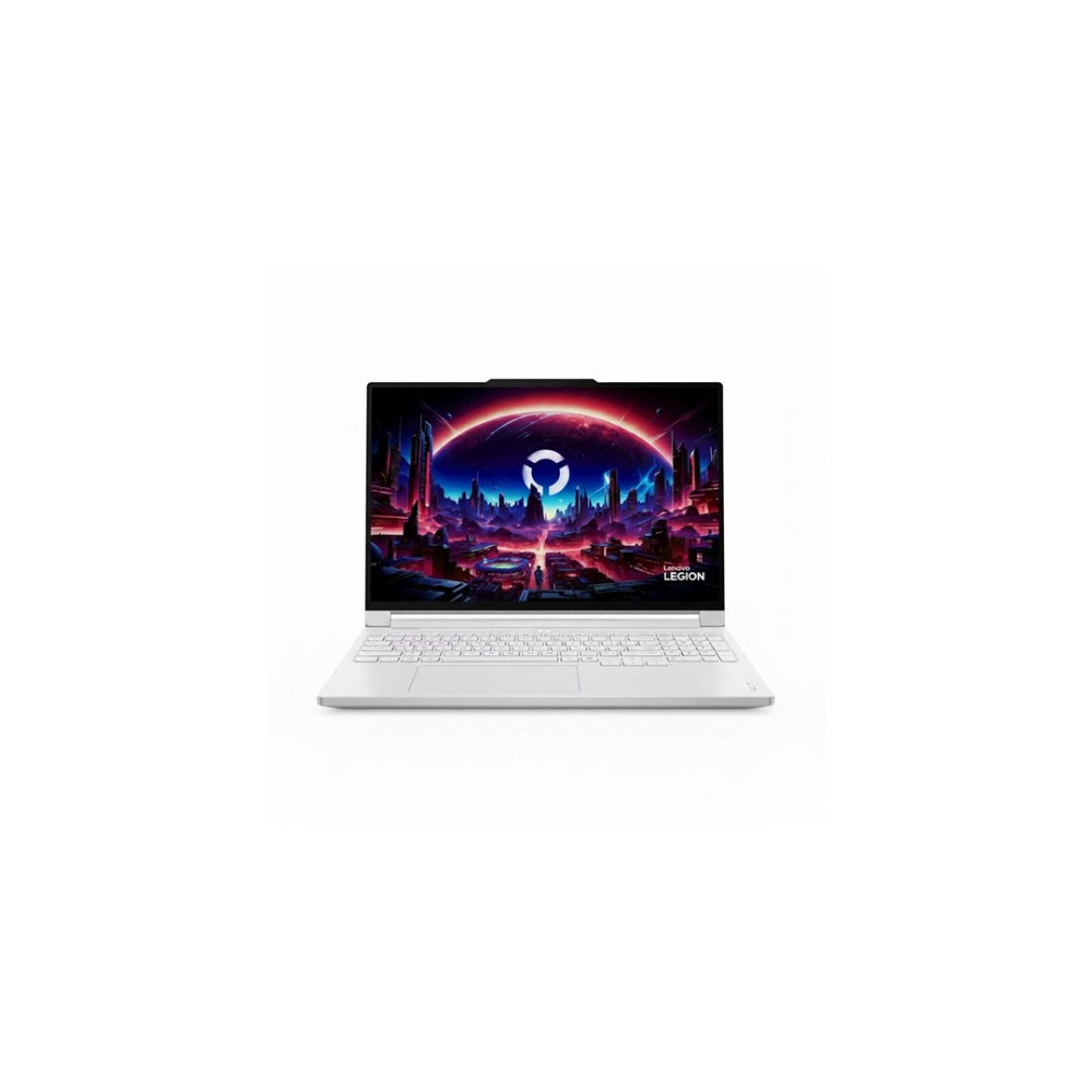 Biały laptop z białą klawiaturą wyświetla na ekranie futurystyczną scenę miasta cyberpunk.
