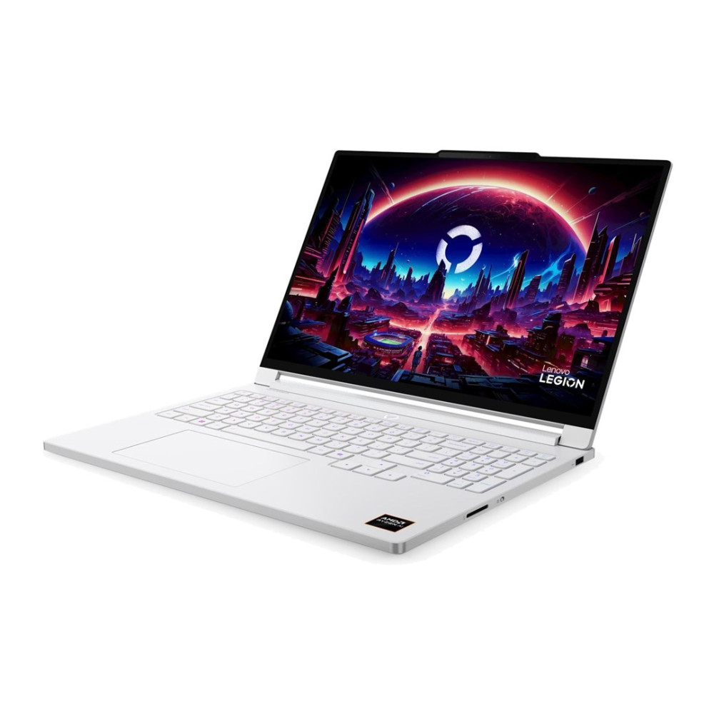 Biały laptop Lenovo Legion z podświetlanym ekranem przedstawiającym futurystyczne neonowe miasto i planetę.
