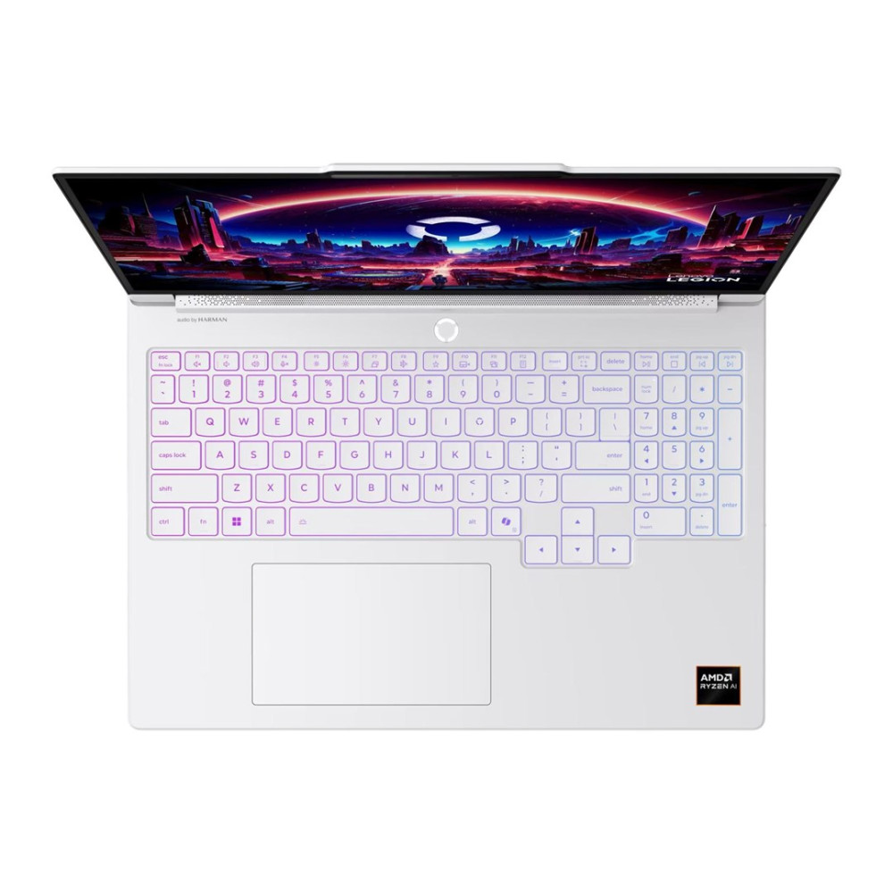Biały laptop z kolorowym podświetleniem klawiatury i ekranem przedstawiającym tętniący życiem krajobraz z planetą.