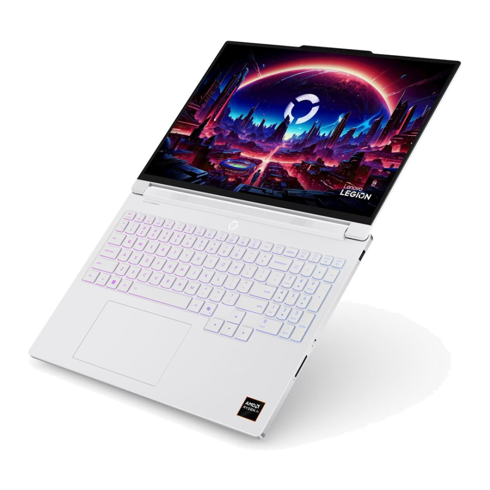 Biały laptop Lenovo Legion z podświetlaną klawiaturą i kolorową tapetą z motywem science-fiction.