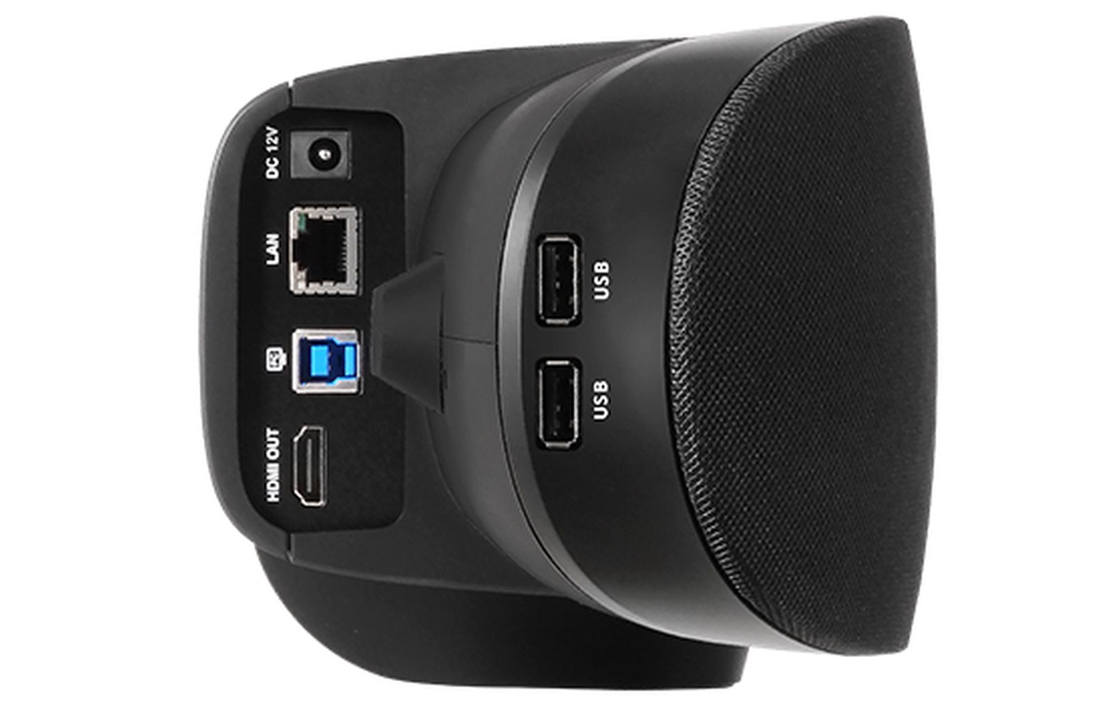 Vista posteriore di una telecamera per conferenze nera con porte HDMI, LAN, USB e alimentazione.