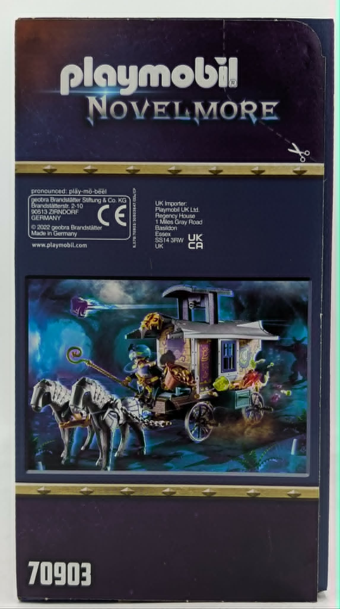 Retro della scatola Playmobil Novelmore con carro a due cavalli.
