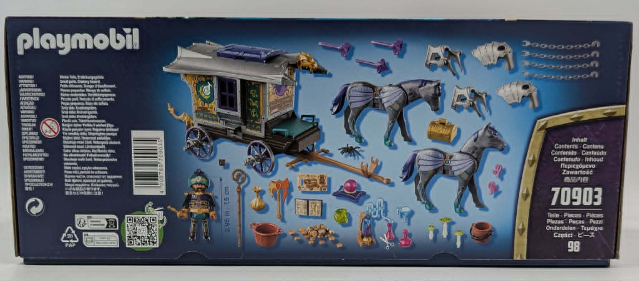 Scatola set Playmobil 70903 con carrozza, cavalli, personaggio e accessori magici.