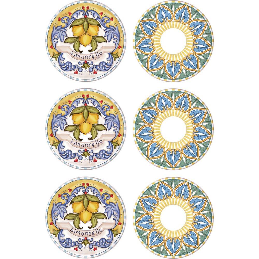 Limonlar, mavi kıvrımlar ve geometrik desenler içeren iki İtalyan tarzı desene sahip altı yuvarlak bardak altlığı.