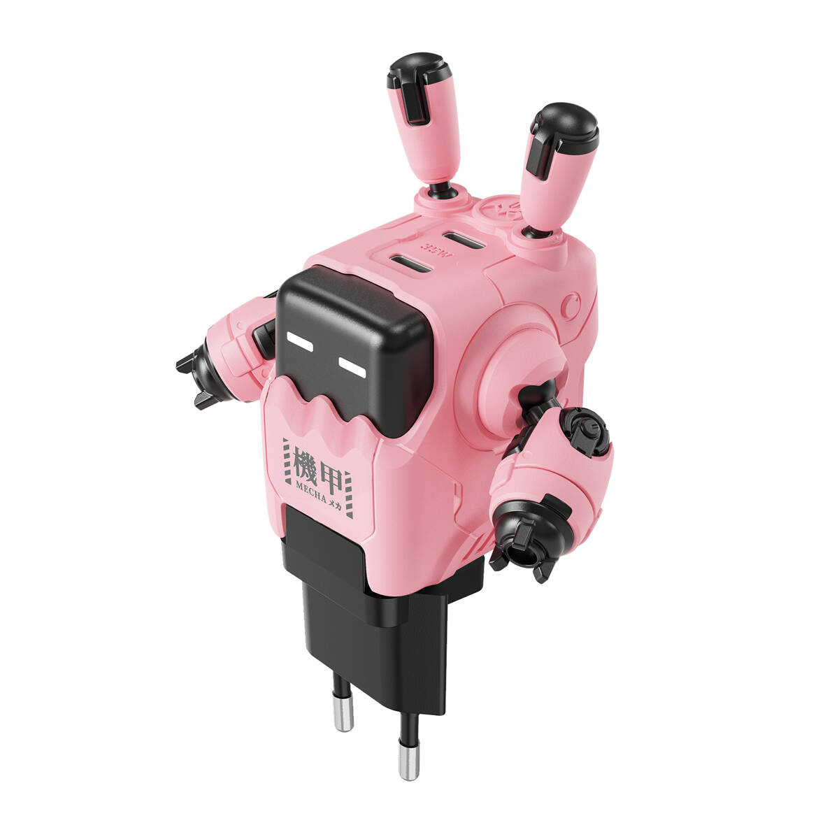 Beyaz arka planda iki boynuzlu, siyah yüzlü ve alt kısmında fiş uçları bulunan pembe bir robot duvar şarj cihazı.
