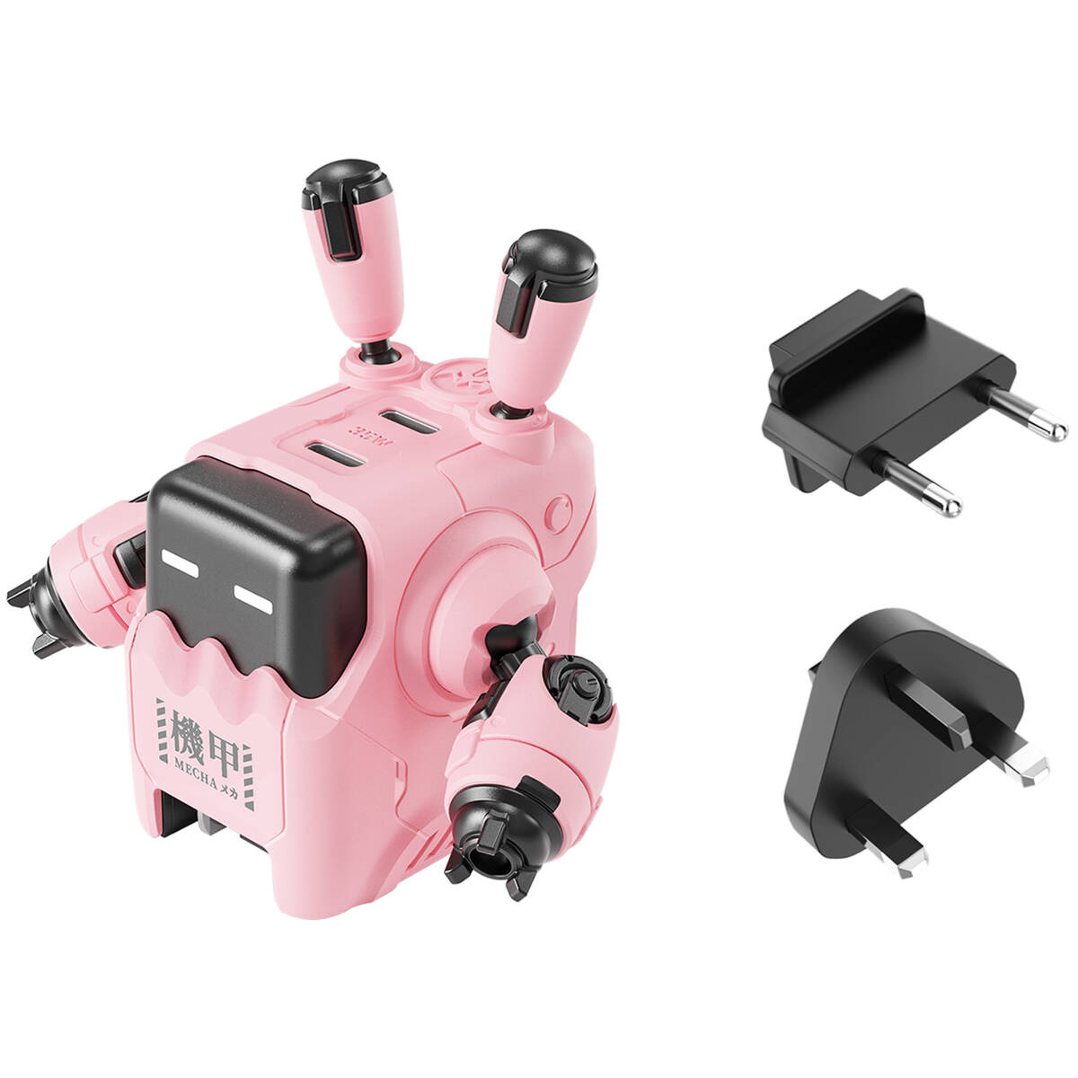 Beyaz arka planda iki siyah adaptörlü pembe robot şeklinde şarj cihazı.