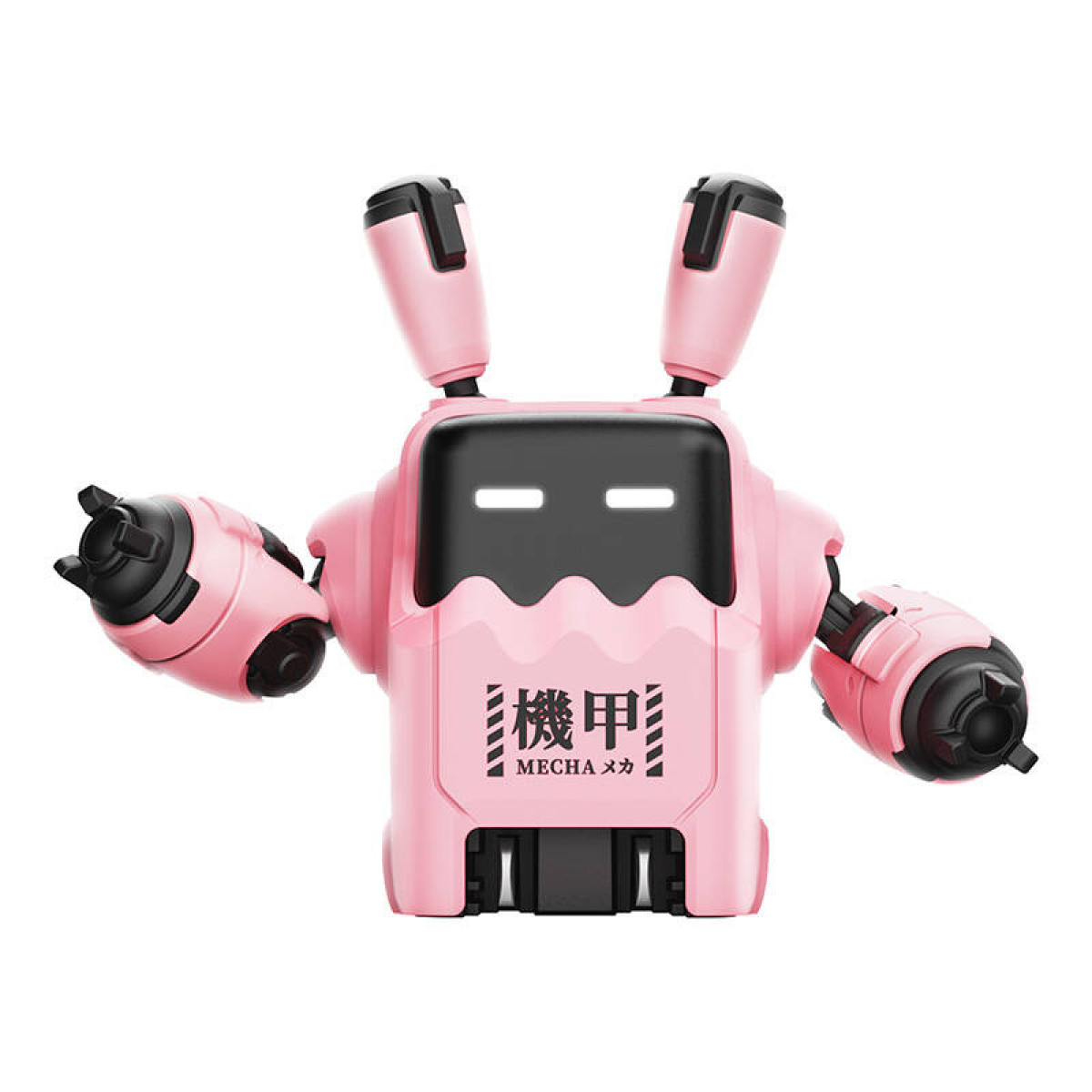 Beyaz arka planda iki kulaklı, parlayan gözlü ve göğsünde 'MECHA' yazısı bulunan pembe robot oyuncak.