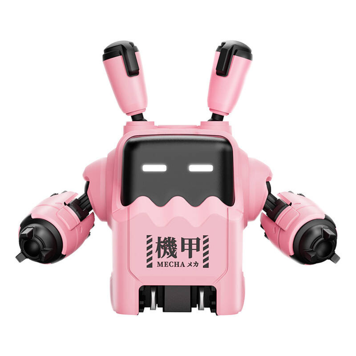 Beyaz arkaplanda siyah yüzlü, beyaz parlayan gözlü ve antenli küçük pembe bir robot oyuncak.