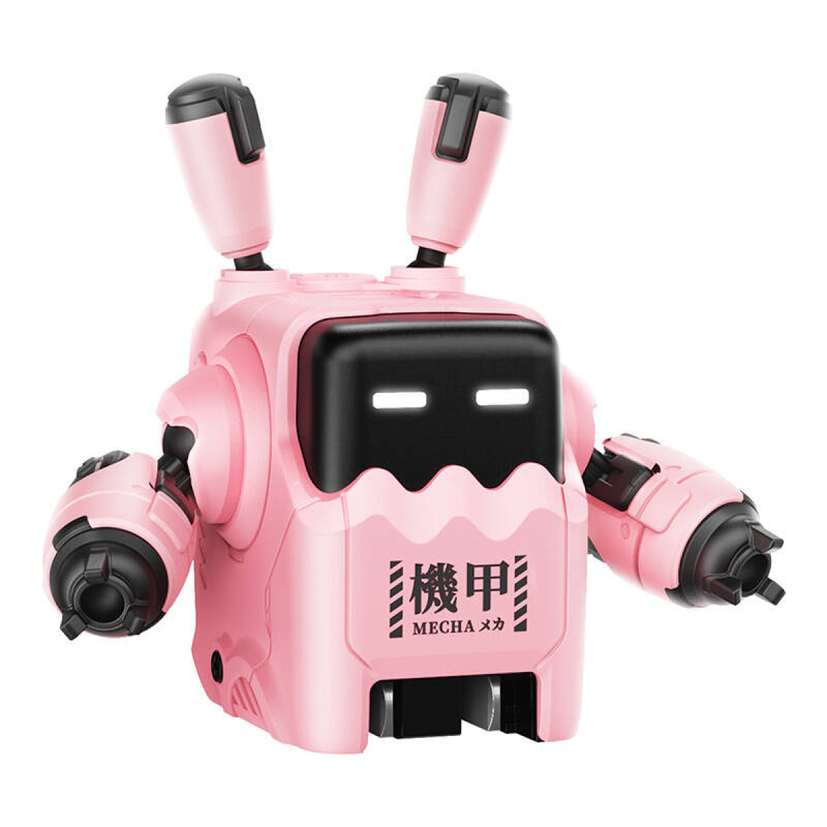 Beyaz arka planda parlayan gözleri, top kollarının ve iki anteni olan sevimli pembe mecha robot oyuncak.