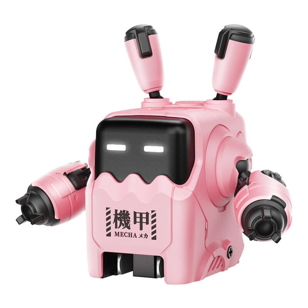 Beyaz arka planda parlayan gözleri ve iki büyük kulağı olan küçük pembe bir robot.