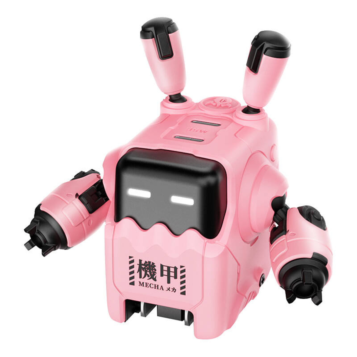 Siyah yüzlü, parlayan beyaz gözlü ve önünde MECHA yazısı olan küçük pembe bir oyuncak robot.