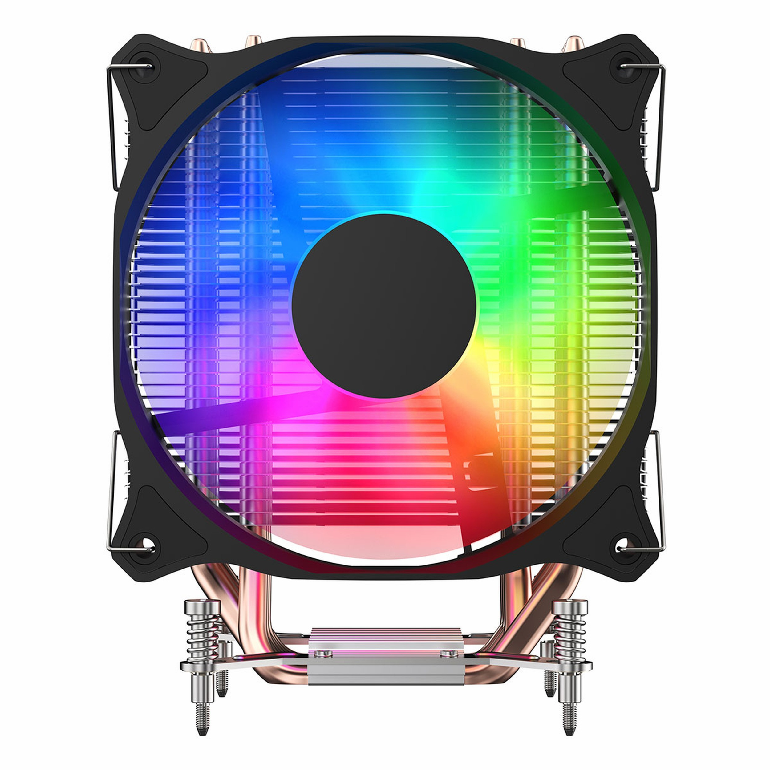 Beyaz arkaplanda fanlı, alüminyum kanatlı ve bakır ısı borulu RGB işlemci soğutucusu.