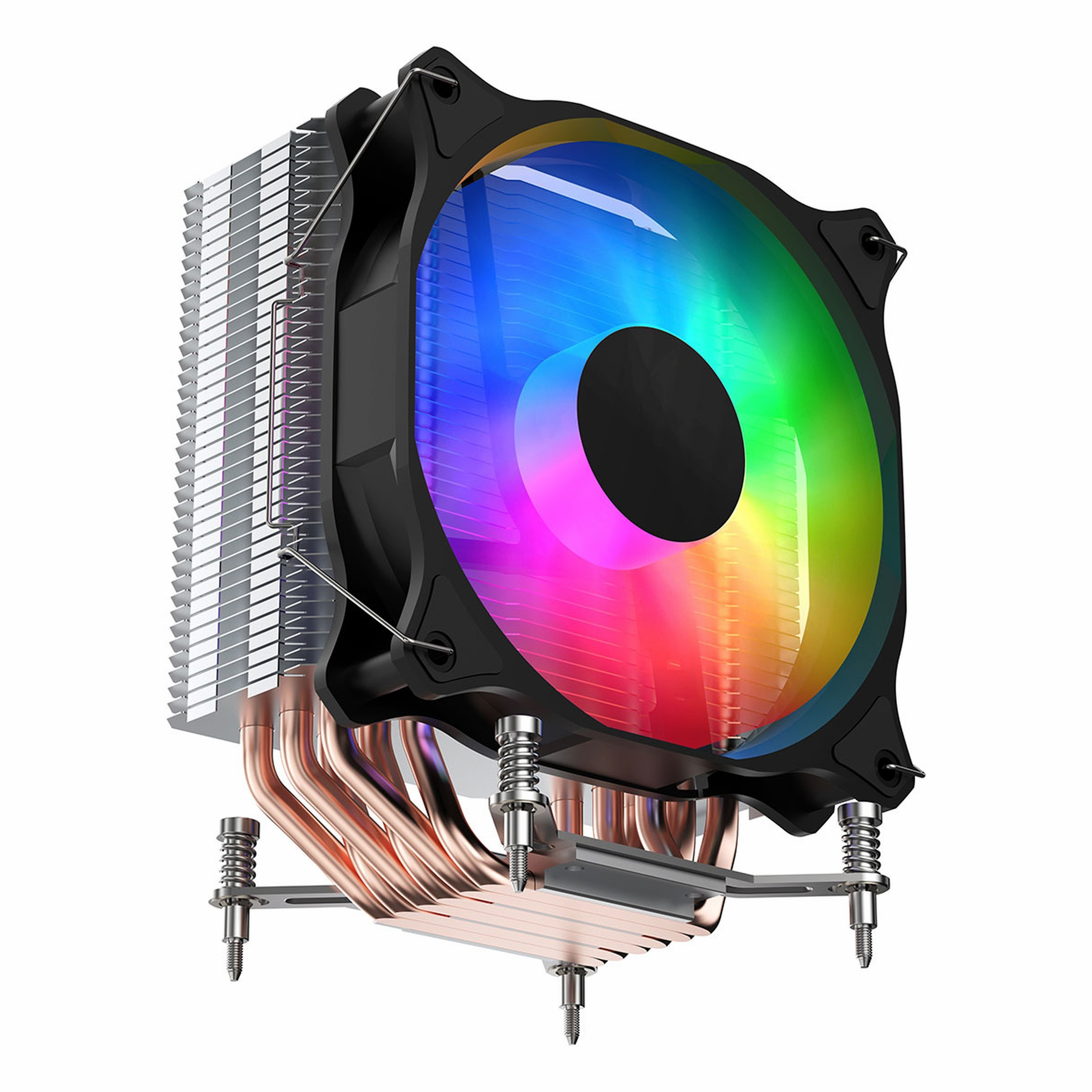 Gümüş kanatçıklar, renkli RGB fan ve bakır borulara sahip CPU soğutucusu.