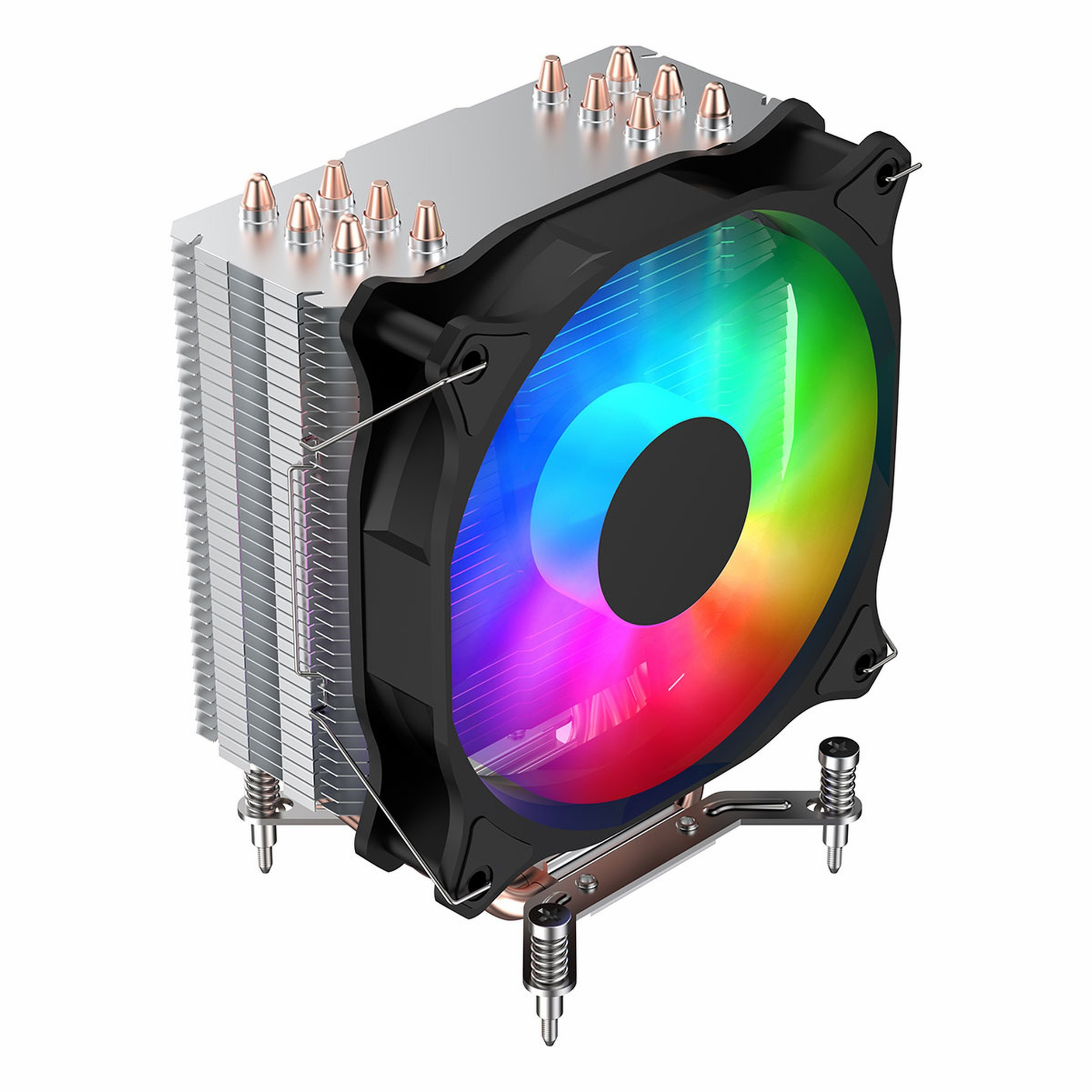 Beyaz arka planda gümüş yapraklar, bakır ısı boruları ve aydınlatmalı RGB fanlı CPU soğutucu.