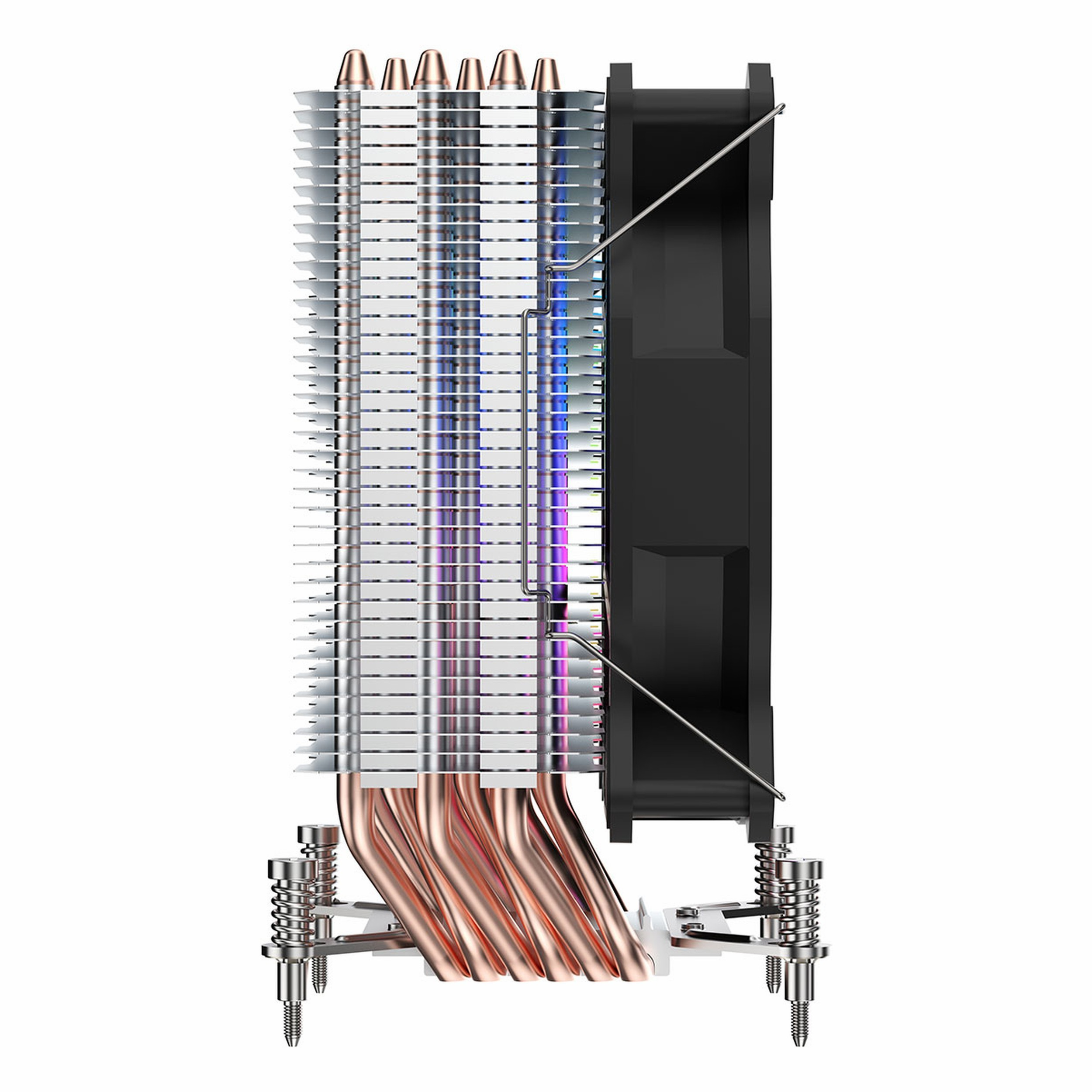 Alüminyum kanatçıklar, bakır ısı boruları, siyah fan ve metal montaj braketleri olan bir CPU soğutucusunun yan görünümü.